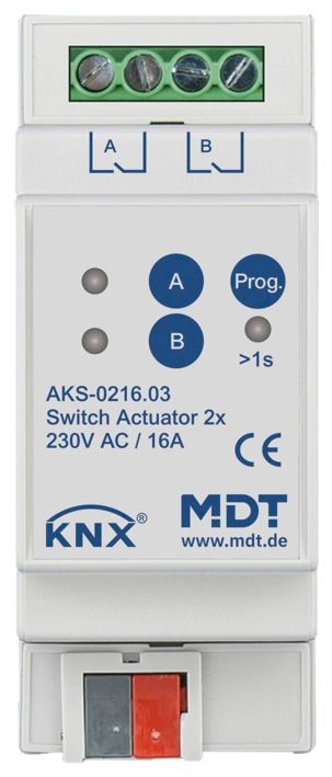 MDT AKS-0216.03 Schaltaktor 2fach 2TE REG 16A 230VAC C-Last Standard 140µF