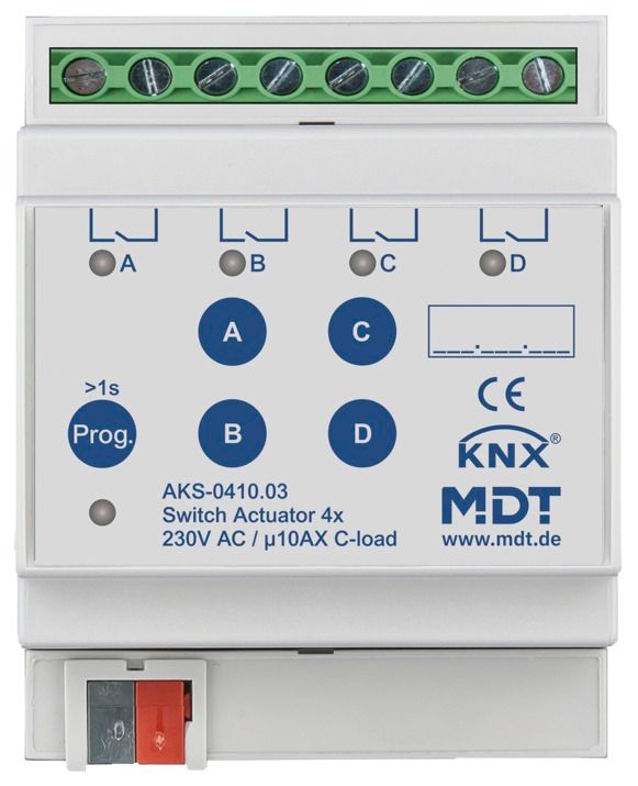 MDT AKS-0410.03 Schaltaktor 4fach 4TE REG 10A 230VAC C-Last Standard 140µF
