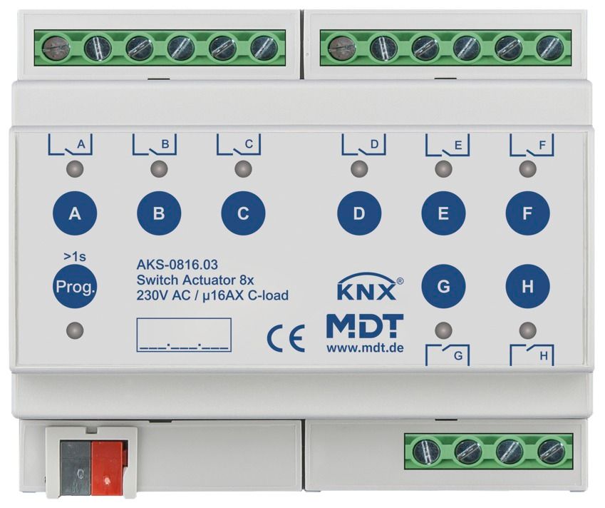 MDT AKS-0816.03 Schaltaktor 8fach 6TE REG 16A 230VAC C-Last Standard 140µF