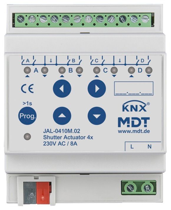 MDT JAL-0410M.02 Jalousieaktor 4fach 4TE REG 10A 230VAC m.Fahrzeitmessung