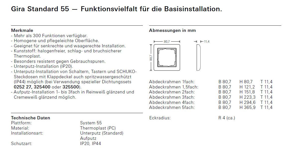 GIRA 021104 Abdeckrahmen 1fach Standard 55 Reinweiß seidenmatt